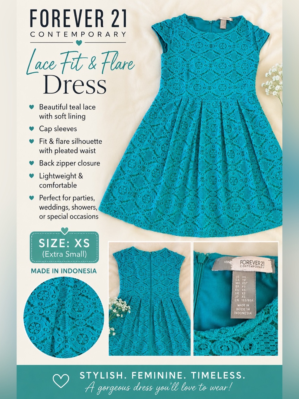 Forever 21 Girls Teal Lace Fit & Flare Dress